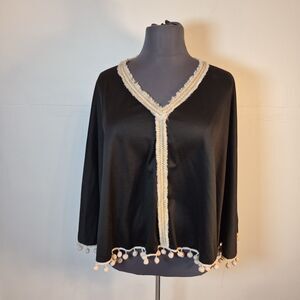 Basically Me Women's Poncho One Size Knit Black Tan Embroidered Pom-Poms